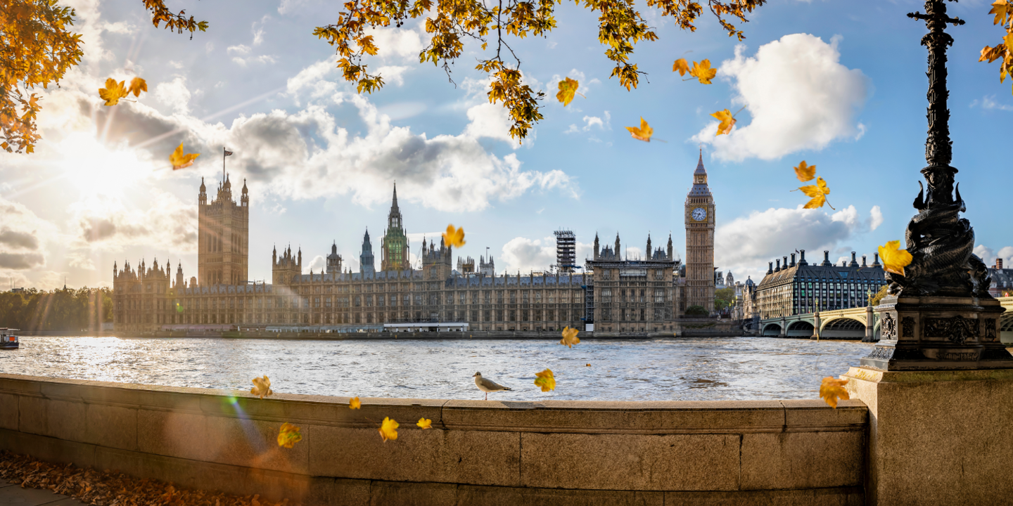 Big Ben and the Houses of Parliament seen from across the river.