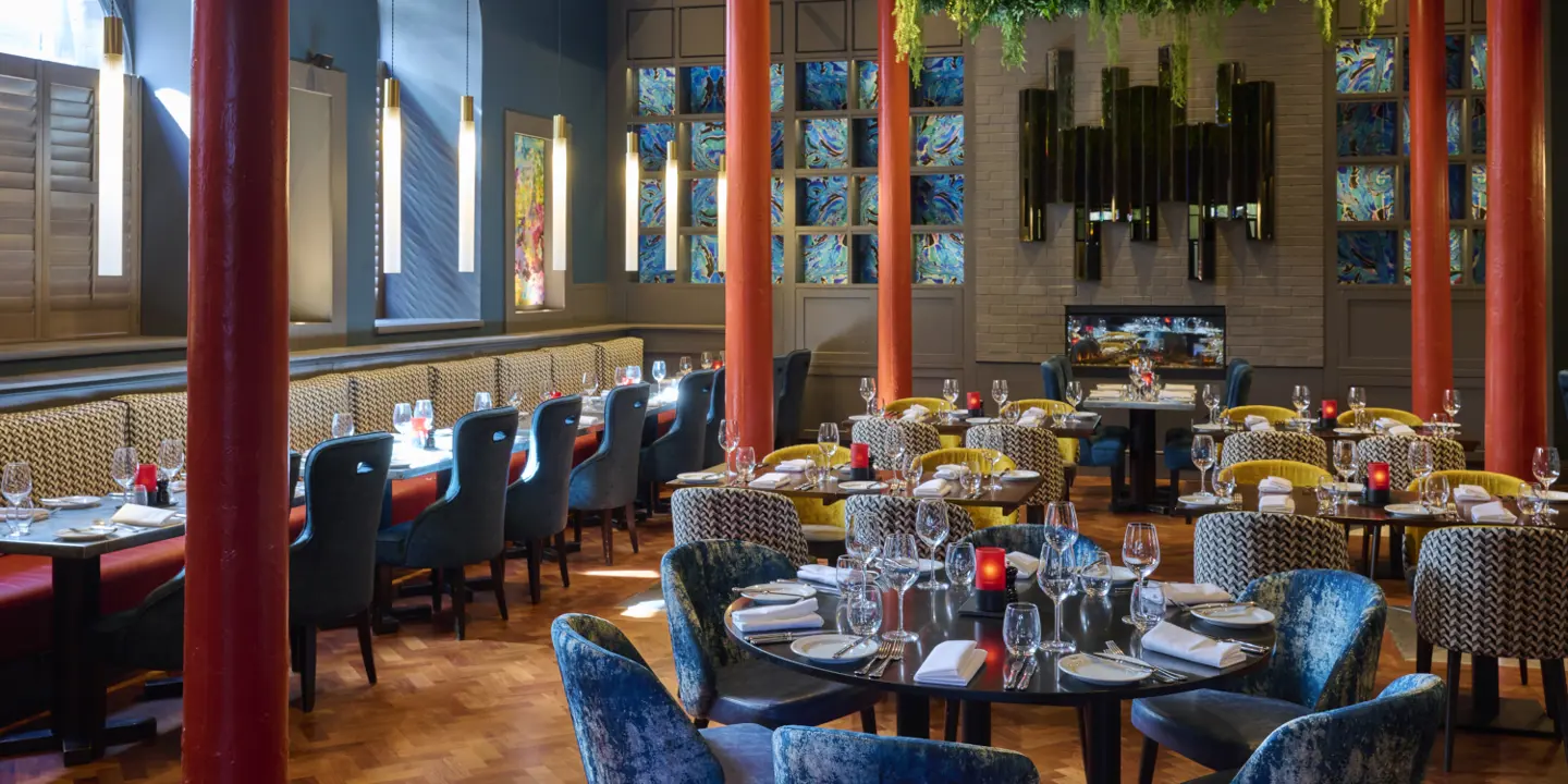 Colourful resturant interior at Malmaison Belfast