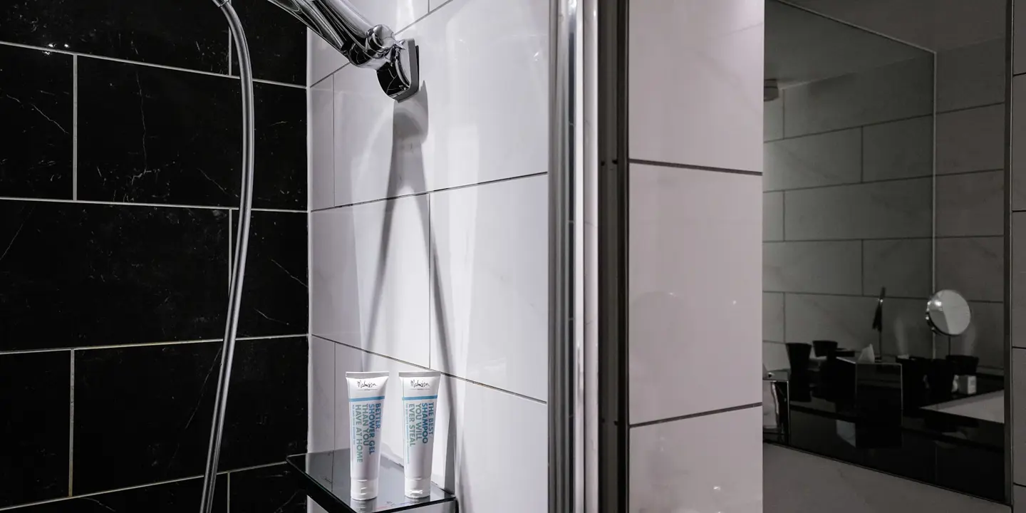 Bathroom with a shower and black and white tiles.