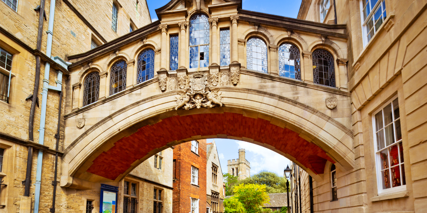 City street with a bridge overhead.