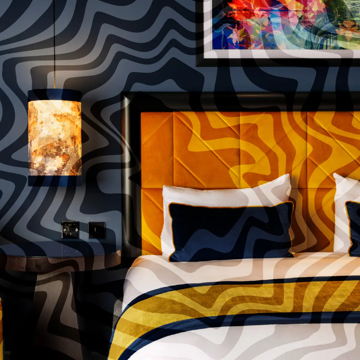 Luxurious bed with Black swirls overlayed image