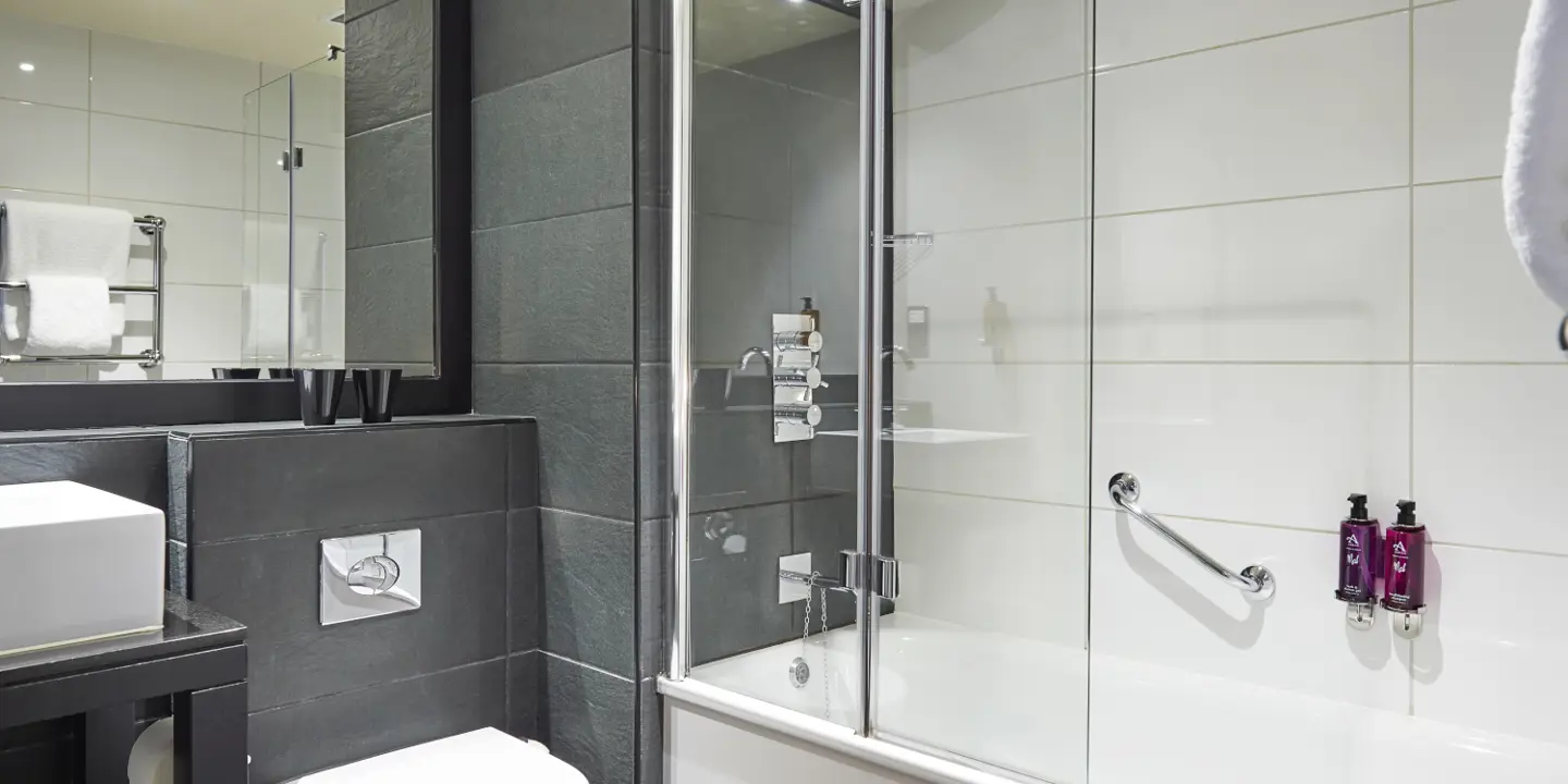 White toilet positioned alongside a bathtub in a bathroom.