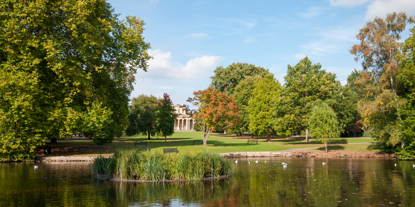 A park featuring a serene pond with a prominent building in the background.