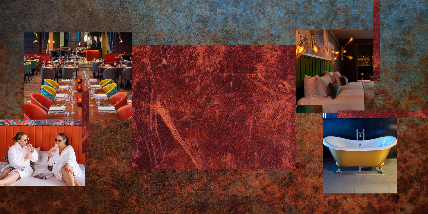 Colourful banner of dining room, comfortable room, large bathtub and two women sipping drinks.